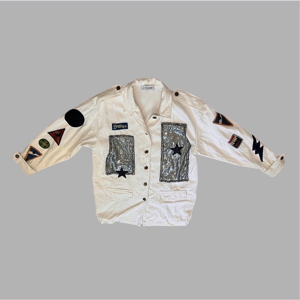 J-Clair Italy White Denim Sequin Patch Jacket Blazer Size Large Unique Statement